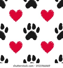 Seamless pattern with animal paw prints and hearts. Dog or cat hand drawn paw print. Love pets background.