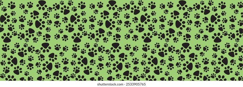 
Patrón sin fisuras con estampados de patas de animales sobre un fondo verde. Textura de huellas de un perro, gato, panda, tigre. Fondo monocromo de dibujos animados. Ilustración vectorial negra