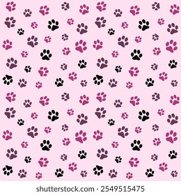 Seamless pattern of animal paw prints. Cat,dog paws in pink,purple,black colors on light pink background.Vector illustration. Cartoon style.For textile, wallpapers, wrapping,social media covers.