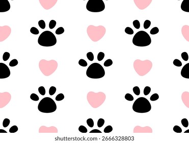Patrón sin fisuras con estampados de patas de animales y corazones. Diseño de pata de perro o gato