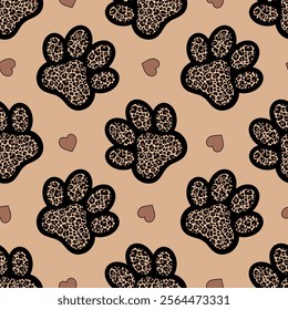 Seamless pattern with  animal paws and hearts on sand background.