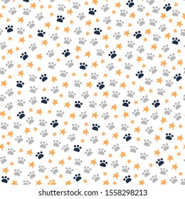 Seamless pattern with animal paws trace and stars isolated on white background. Simple flat vector illustration. For nursery cards, textile decor, packaging paper etc.