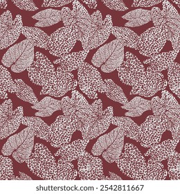 Padrão contínuo de folhagem de impressão animal. camuflagem maroon e pele branca animal ilustração tudo sobre impressão têxtil, tecido, papel de parede, roupas, moda, fundo, textura, arte vetorial