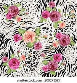 Seamless pattern with animal prints and decorative roses