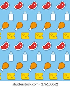 Seamless Pattern Of Animal Protein Food Sources: Steaks, Chicken Legs, Cheese And Bottles Of Milk.