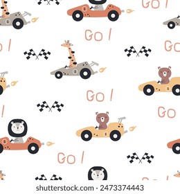 Seamless pattern with animal racers. Cute animal collection. For fabric, textile, wallpaper, wrapping, apparel design