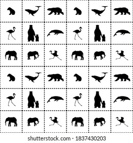 Seamless pattern with animal silhouettes. Polar bear, flamingo, humpback whale, elephant. Dotted square grid. Black and white background. Vector illustration for fabric, printing, t-shirts