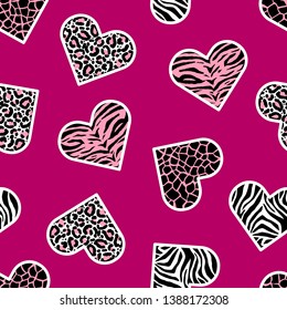 Seamless pattern of animal skin in shape of heart: leopard, giraffe, tiger and zebra. Trendy animal print. Fashion vector illustration.