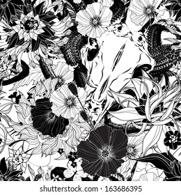 Seamless pattern with animal skull and flowers