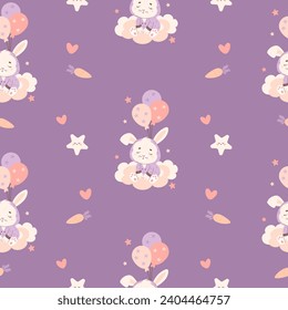 Seamless pattern with animal sleeping bunny with balloons on cloud on purple background. Vector illustration for design, wallpaper, packaging, textile. Kids collection