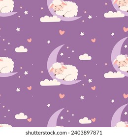 Seamless pattern with animal sleeping sheep on moon on purple background. Vector illustration for design, wallpaper, packaging, textile. Kids collection