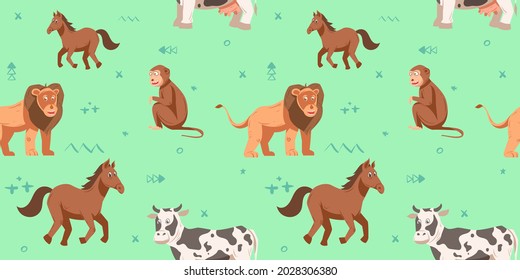 Seamless Pattern. Animal themes.Lion, monkey, cow and horse. Vector Illustration. Best for  fabric, wrapping, textile, wallpaper, apparel