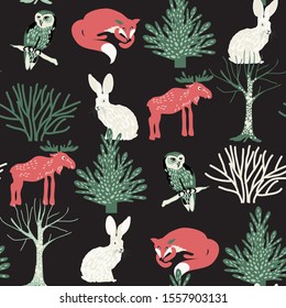 seamless pattern with animal and trees, vector design