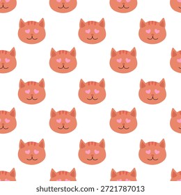 Seamless Pattern with animal. Valentine day Red Cat head with eyes heart shape. Vector flat illustration.