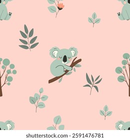  seamless pattern with animal. Vector pattern with cute koalas resting on branches, surrounded by leaves and flowers on a peach background. For children’s products and decor.