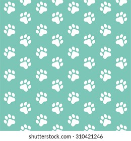 Seamless pattern of animal white paw print on mint color background