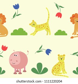 Seamless pattern with animals of Africa.  Can be used for paper, cloth, postcard. Vector illustration.