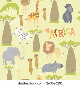 Seamless pattern with animals of Africa: elephant, zebra, lion, hippo, ostrich, meerkats, giraffe, crocodile. Vector background.