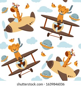 seamless pattern with animals and airplanes in the sky - vector illustration, eps
