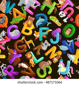 seamless pattern animals alphabet for kids abc education in preschool.