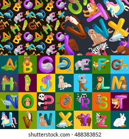 seamless pattern animals alphabet for kids abc education in preschool.