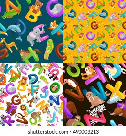 seamless pattern animals alphabet for kids abc education in preschool.