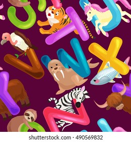 seamless pattern animals alphabet for kids abc education in preschool.