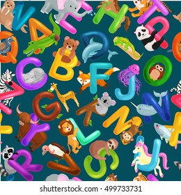 Seamless Pattern Animals Alphabet For Kids Abc Education In Preschool.