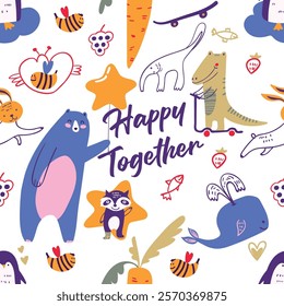 seamless pattern with animals, animal,  bees, dino, bear, whale,  happy togetherr, animals vector art illustration design