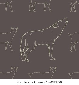 Seamless pattern of animals. Background pattern. Pattern with a wolf and a goat