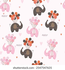 Seamless pattern with animals and baloons. Cute cartoon elephants with baloons and hearts, seamless pattern.