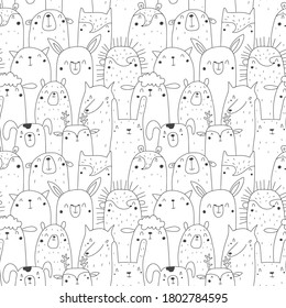 Seamless pattern with animals bear, Fox, ferret, cat, llama, hedgehog, wolf, hamster, sheep, deer, dog, hare. doodle style black line. Vector illustration