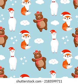 Seamless pattern with animals - bear, fox, llama or alpaca with clouds. Vector Christmas illustration for fabric, texture, wallpaper, poster, card. Editable elements. Winter cartoon design.