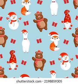 Seamless pattern with animals - bear, fox, llama or alpaca, gnome. Vector Christmas illustration for fabric, texture, wallpaper, poster, card. Editable elements. Winter cartoon design