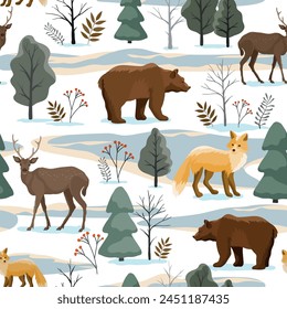 Seamless pattern with animals bear fox deer on winter forest background. Vector illustration