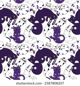 Seamless pattern animals black white violet cat,dog, bear