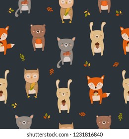 Seamless pattern with animals, branches, leaves on a dark background. Doodle illustration. Thanksgiving day, autumn holiday, baby shower, birthday, children's party
