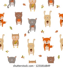 Seamless pattern with animals, branches, leaves on a white background. Doodle illustration. Thanksgiving day, autumn holiday, baby shower, birthday, children's party