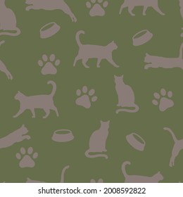 Seamless pattern of animals, cats on a green background. Textiles for printing. Vector.