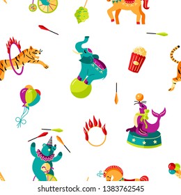 Seamless pattern with animals and celebratory objects. Circus concept. Flat style vector illustration.
