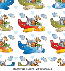 Seamless pattern with animals in a colorful airplane flying in the sky with clouds
