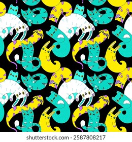 Seamless pattern animals colorful black background multicolor