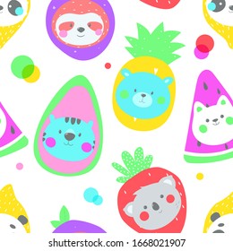 Seamless pattern with animals in costume of fruit. Comical kawaii fruits. Vector Illustration for Baby. Cartoon character bear, panda, sloth, koala, tigar, cat. Colorful print