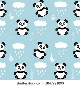  Seamless pattern with animals. Cute black and white pandas, clouds with rain. Vector flat design. For paper, covers, fabric, gift wrapping. Children's theme. 