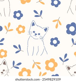 Seamless pattern with animals Cute seamless cat pattern Decorated with flowers, leaves, polka dots, designed for printing on paper, fabric, children's clothing, and wallpaper.