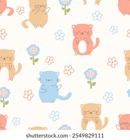 Patrón inconsútil con los animales Patrón inconsútil lindo del gato Decorado con las flores, las hojas, los lunares, diseñado para imprimir en el papel, la tela, la ropa de los niños, y el Fondo de pantalla.