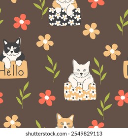 Seamless pattern with animals Cute seamless cat pattern Decorated with flowers, leaves, polka dots, designed for printing on paper, fabric, children's clothing, and wallpaper.