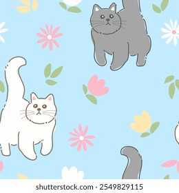 Seamless pattern with animals Cute seamless cat pattern Decorated with flowers, leaves, polka dots, designed for printing on paper, fabric, children's clothing, and wallpaper.