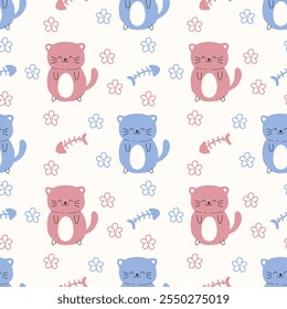 Seamless pattern with animals Cute seamless cat pattern Decorated with flowers, leaves, polka dots, designed for printing on paper, fabric, children's clothing, and wallpaper.