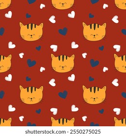 Seamless pattern with animals Cute seamless cat pattern Decorated with flowers, leaves, polka dots, designed for printing on paper, fabric, children's clothing, and wallpaper.